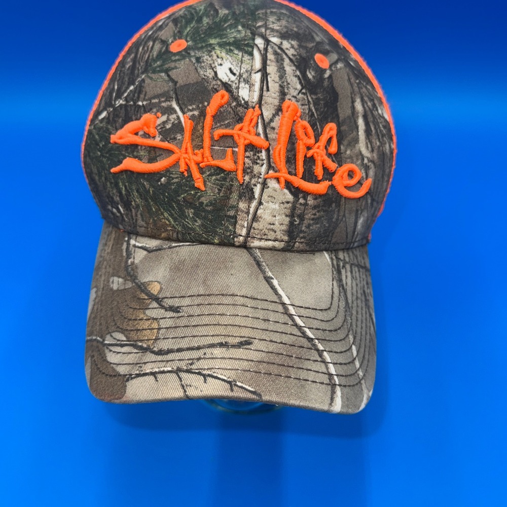 Salt Life Mens Camo Orange Mesh Trucker Hat Snapback Realtree Fishing Cap